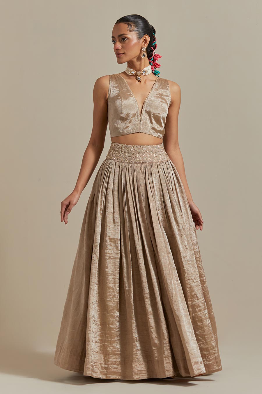 Beige Zari Lehenga Set With Colour-Block Dupatta (Set Of 3)