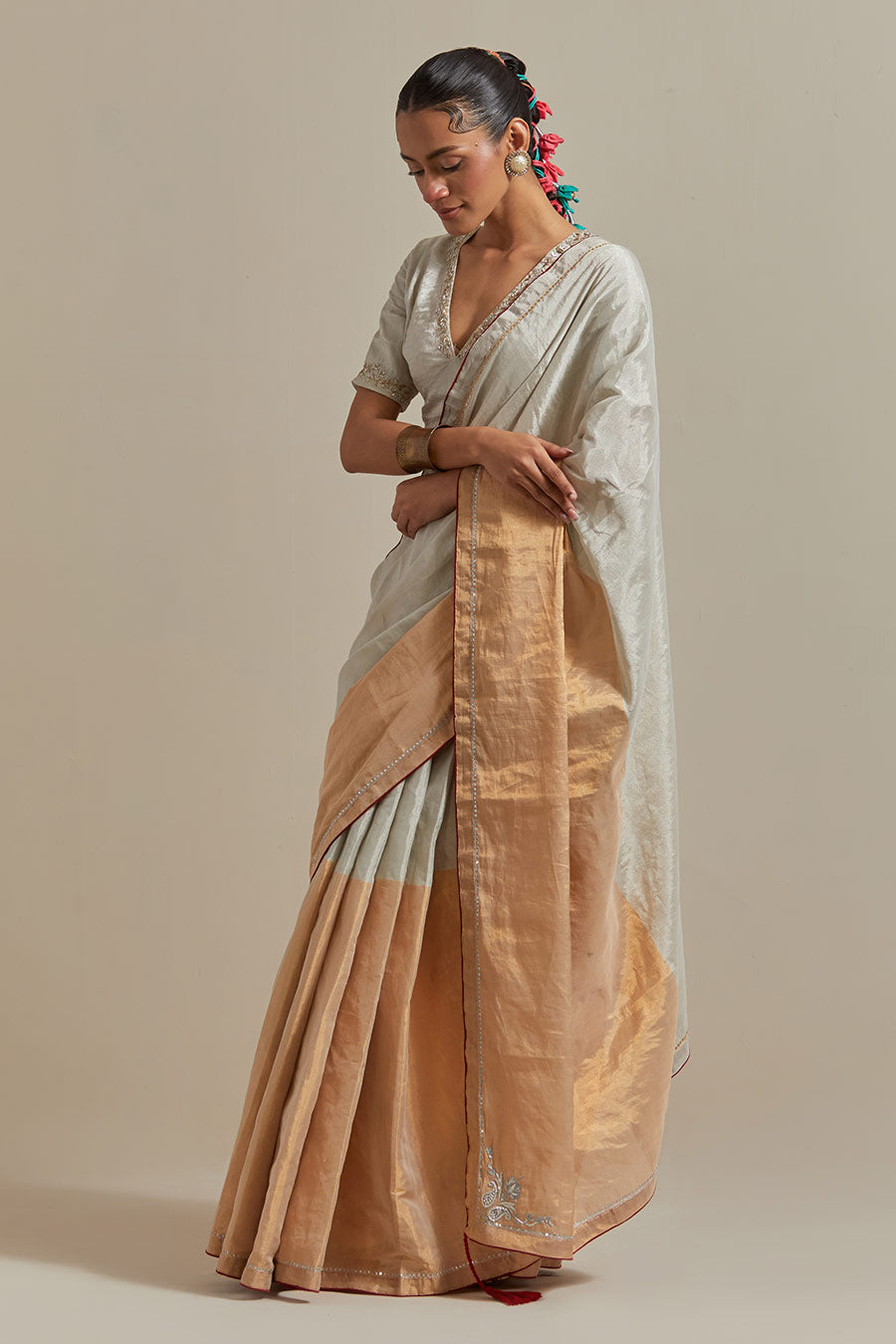 Gold & Silver Zari Silk Embroidered Saree Set (Set Of 2)