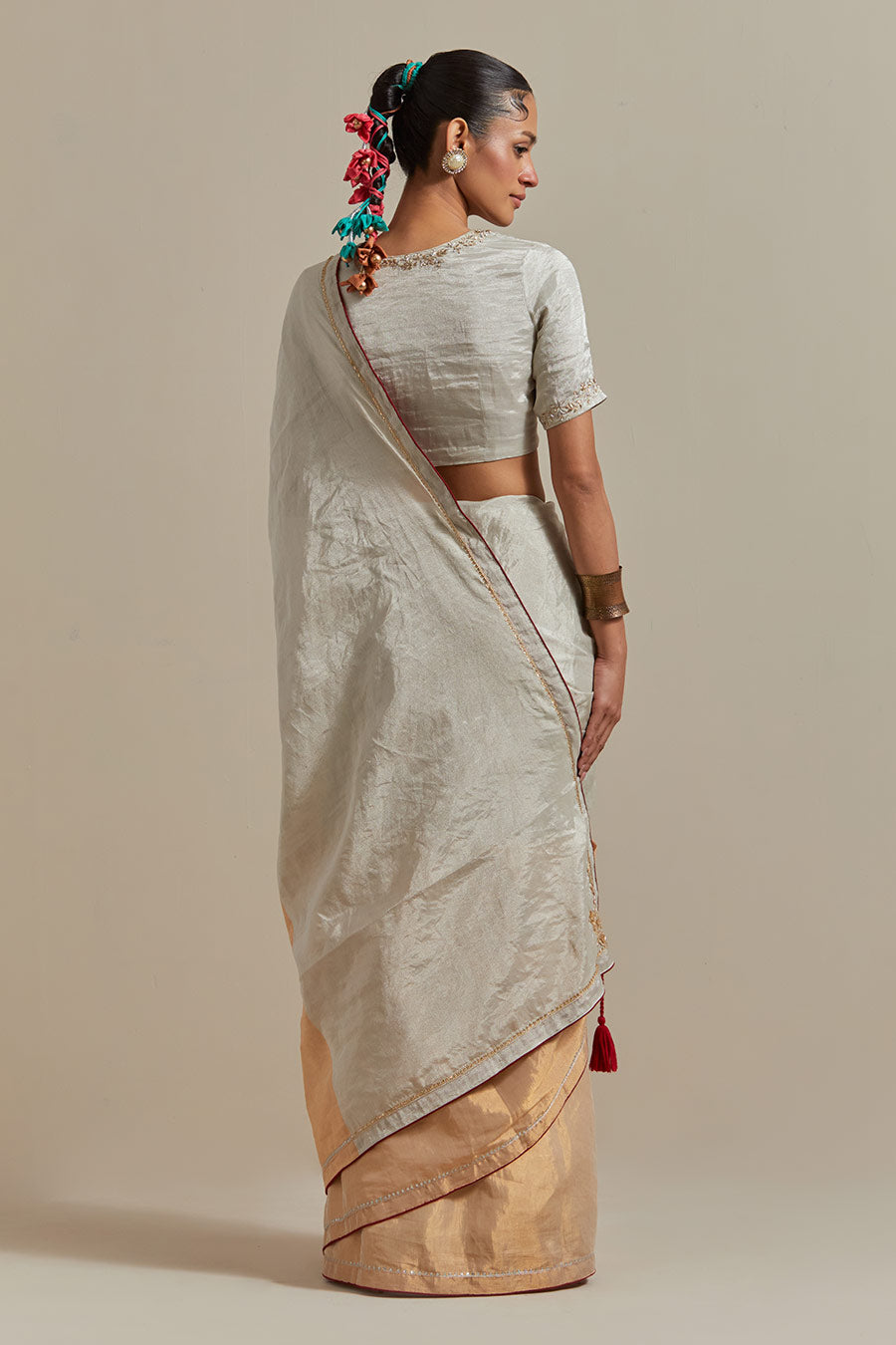 Gold & Silver Zari Silk Embroidered Saree Set (Set Of 2)