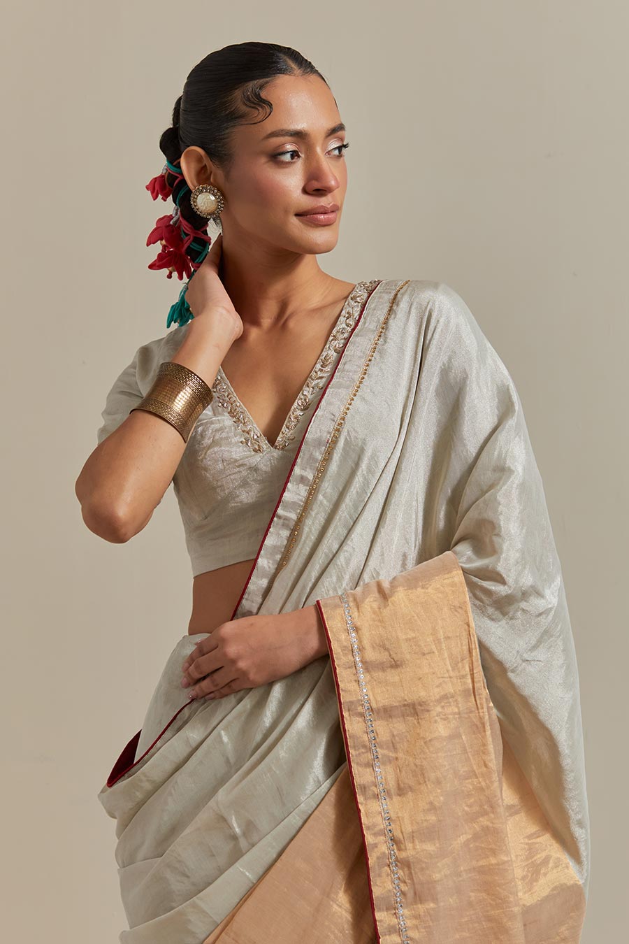 Gold & Silver Zari Silk Embroidered Saree Set (Set Of 2)