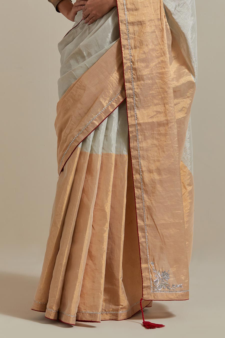 Gold & Silver Zari Silk Embroidered Saree Set (Set Of 2)