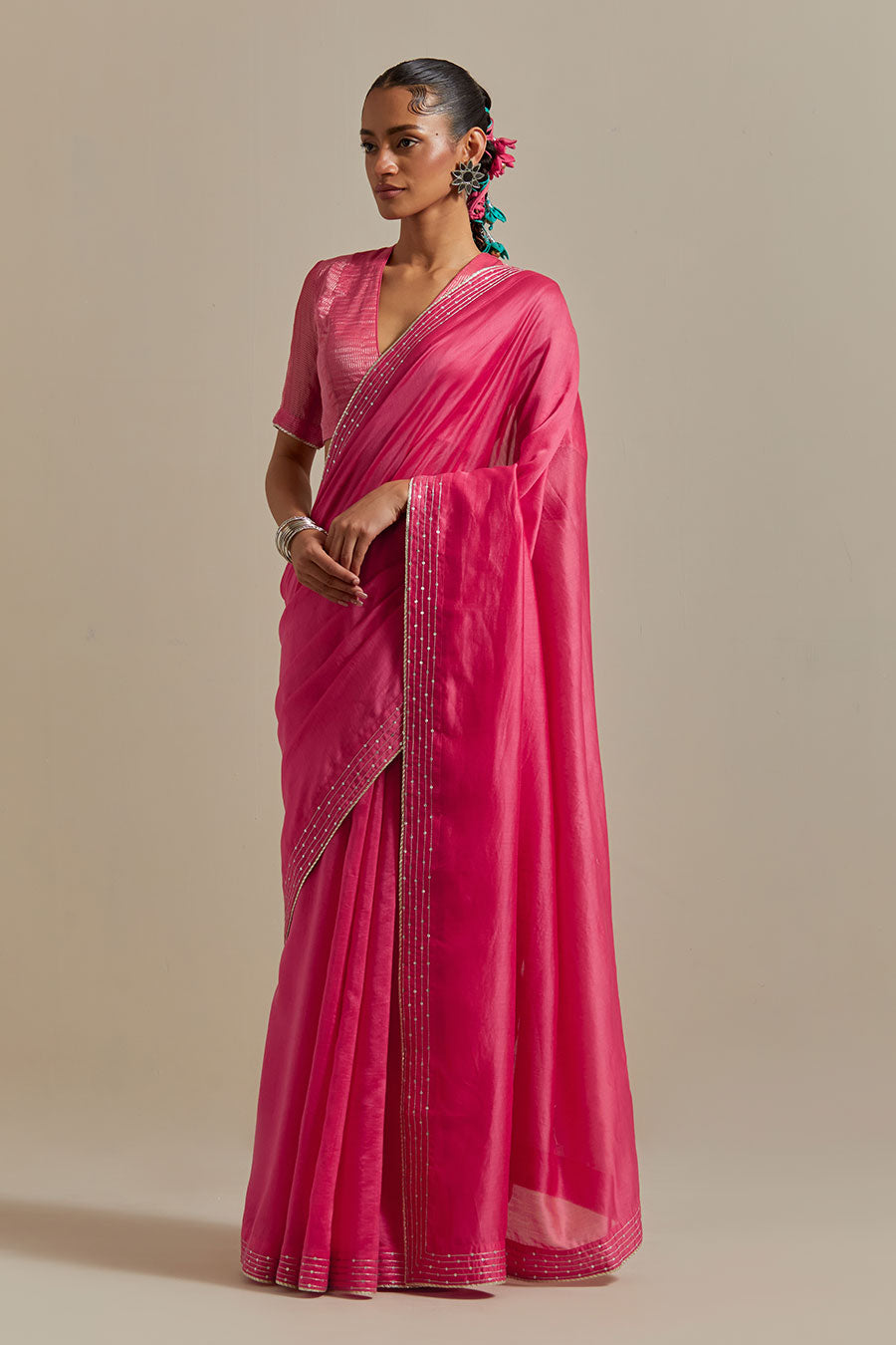 Pink Chanderi Handloom Embroidered Saree