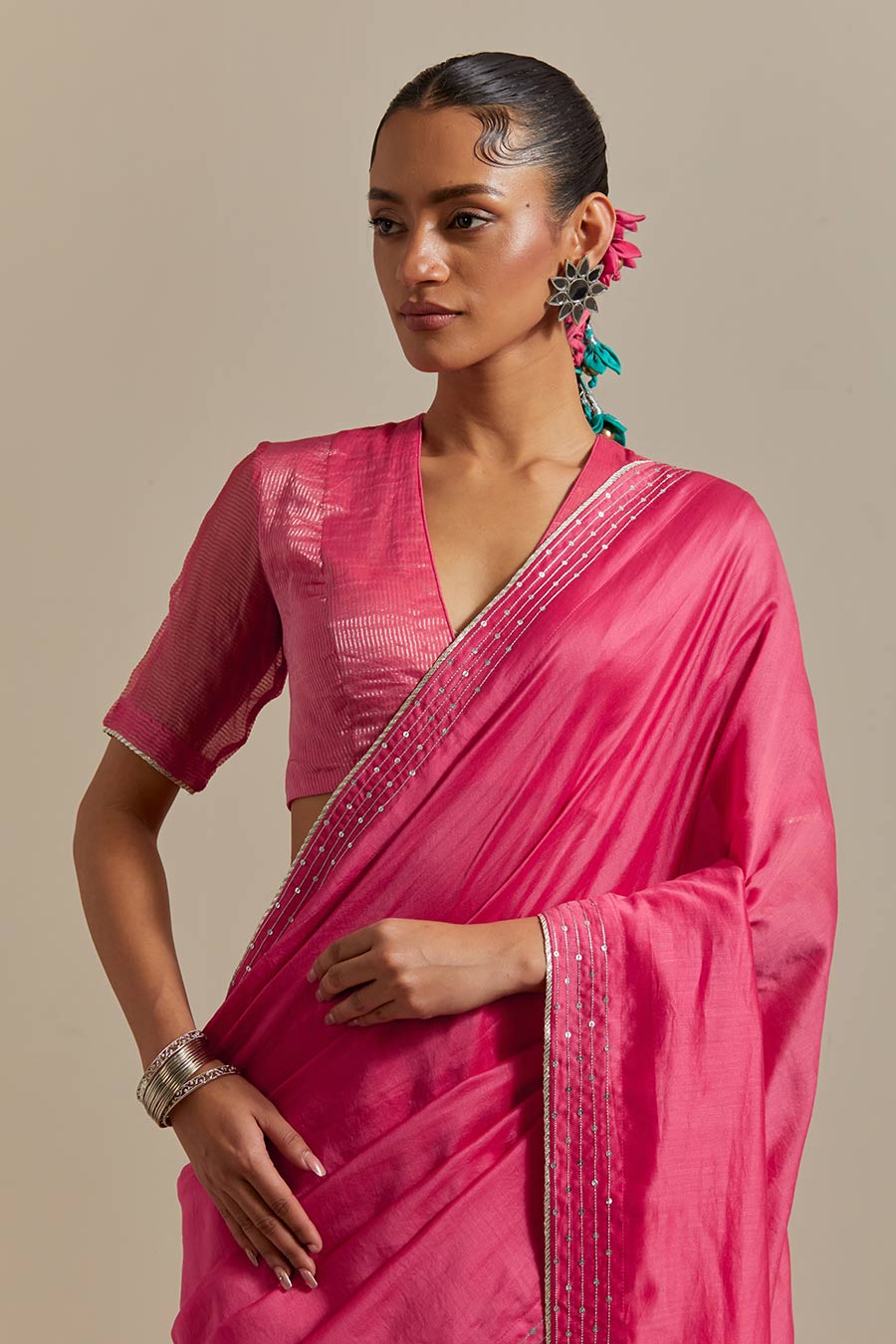 Pink Chanderi Handloom Embroidered Saree