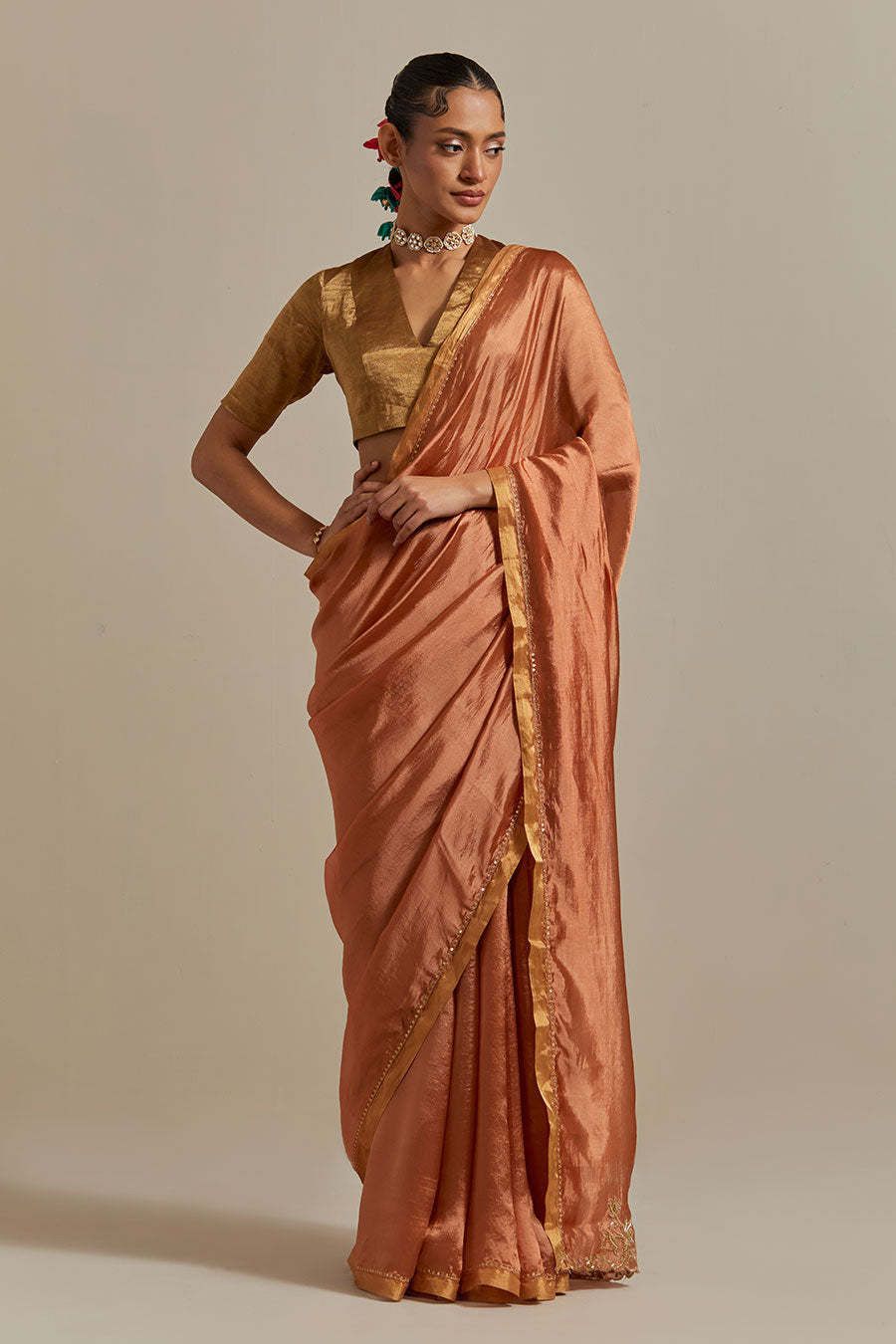 Saffron Brown Embroidered Silk Saree