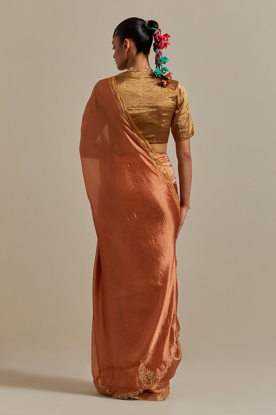 Saffron Brown Embroidered Silk Saree