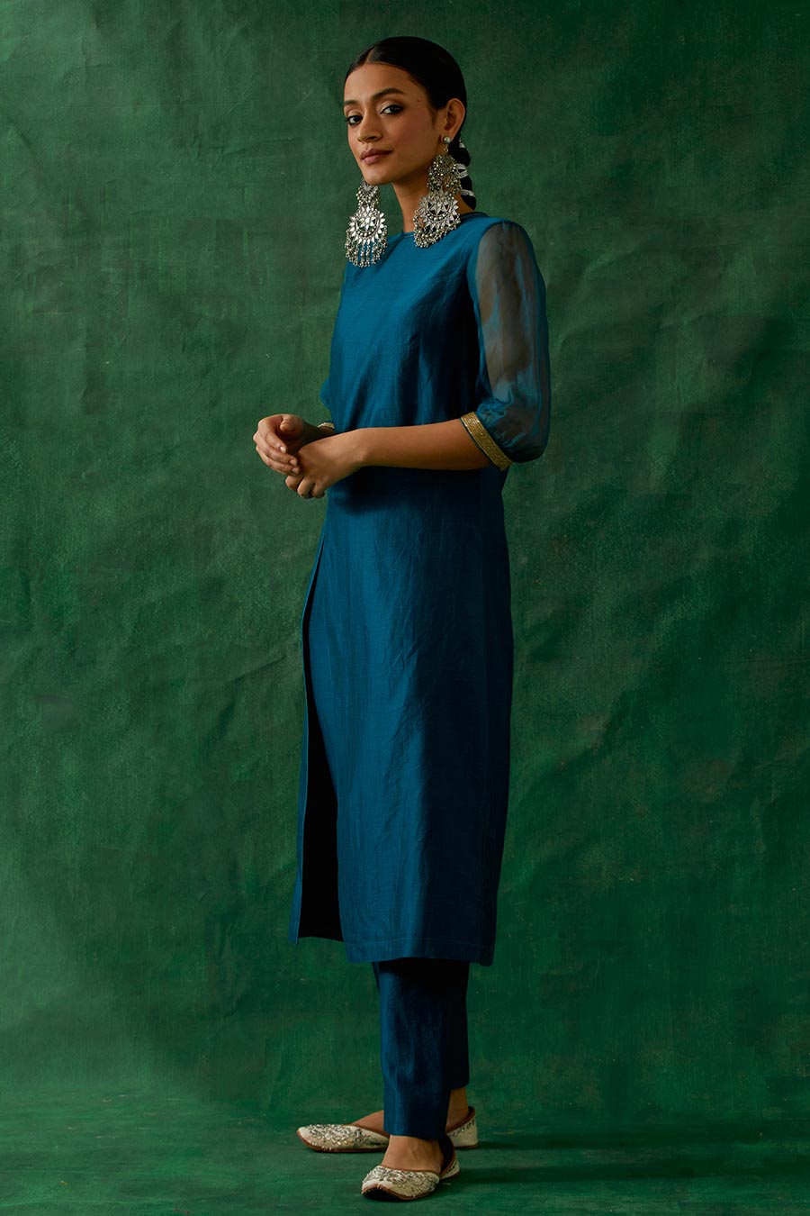 Teal Blue Chanderi Handloom High-Slit Kurta & Pant Set (Set Of 2)