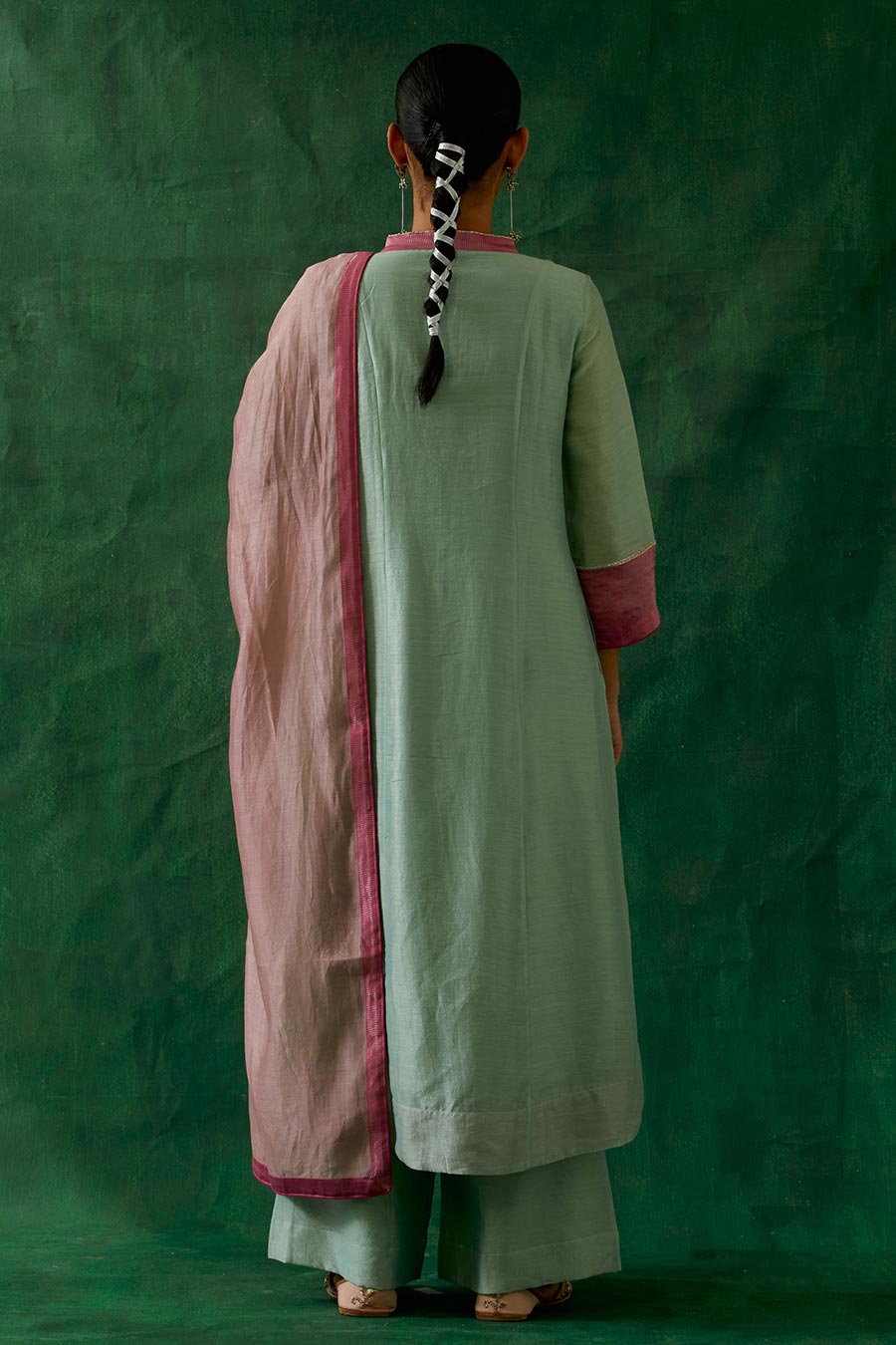 Mint & Pink Chanderi Handloom High-Low Kurta Set (Set Of 3)