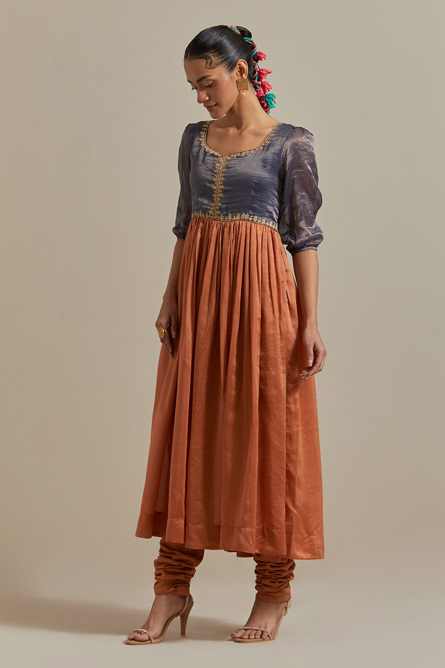 Saffron Brown & Blue Embroidered Anarkali & Pant Set (Set Of 2)