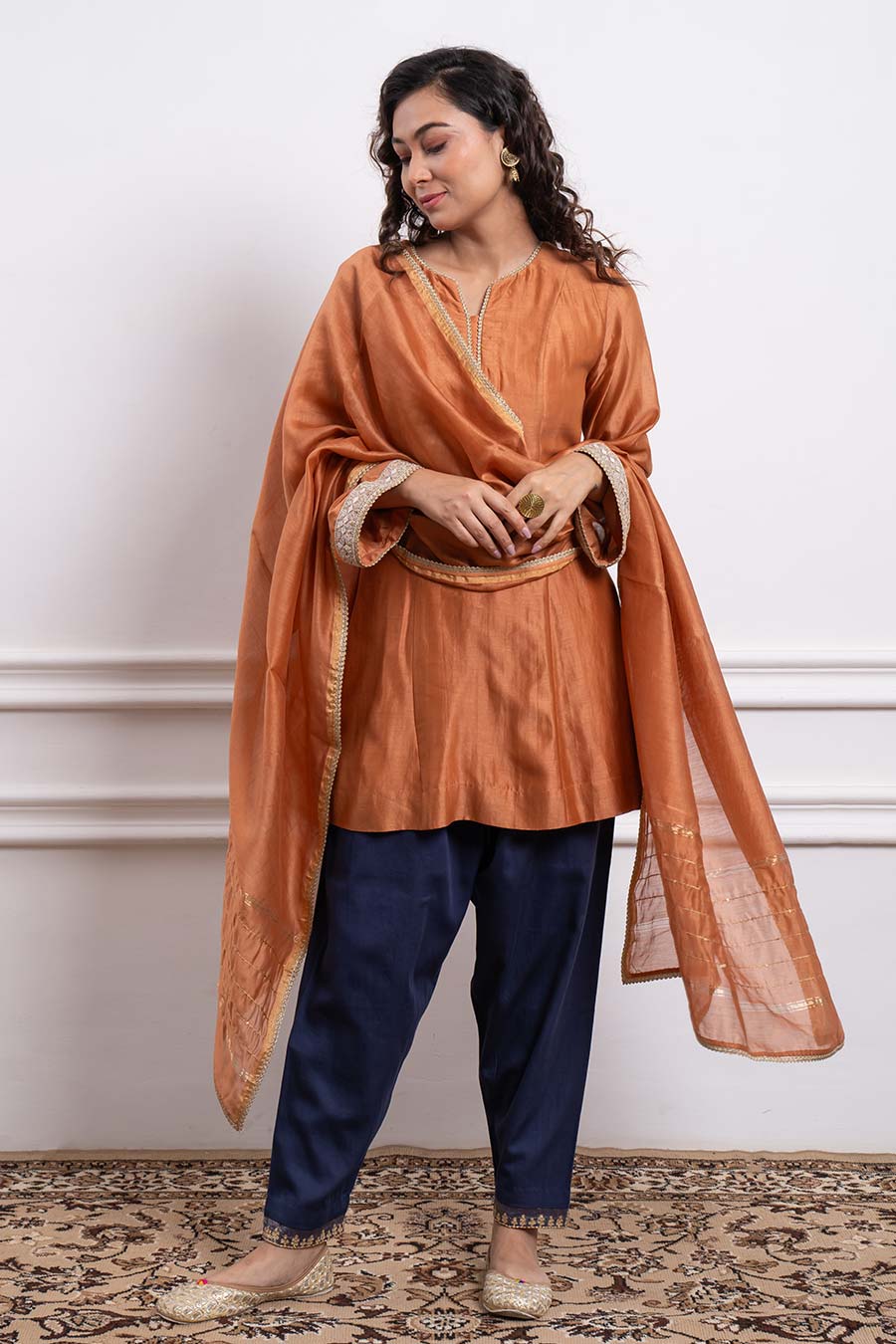 Saffron Brown Kurta With Blue Salwar & Dupatta Set (Set Of 3)