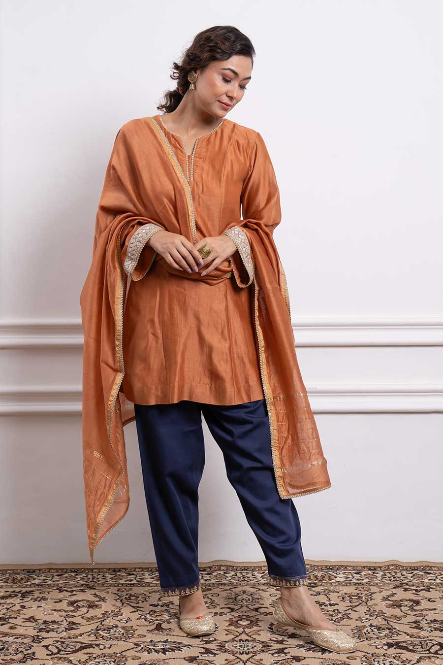 Saffron Brown Kurta With Blue Salwar & Dupatta Set (Set Of 3)