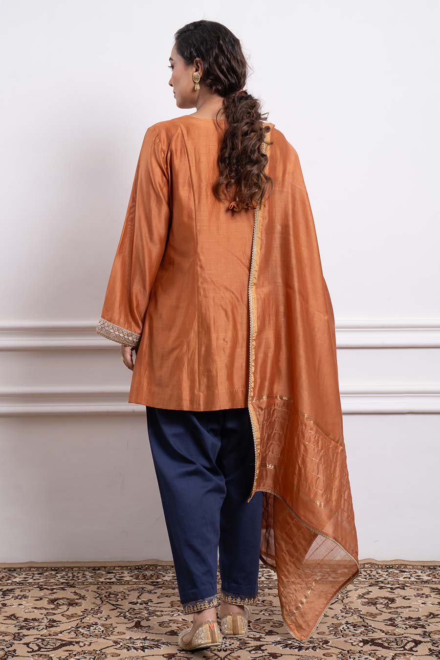Saffron Brown Kurta With Blue Salwar & Dupatta Set (Set Of 3)