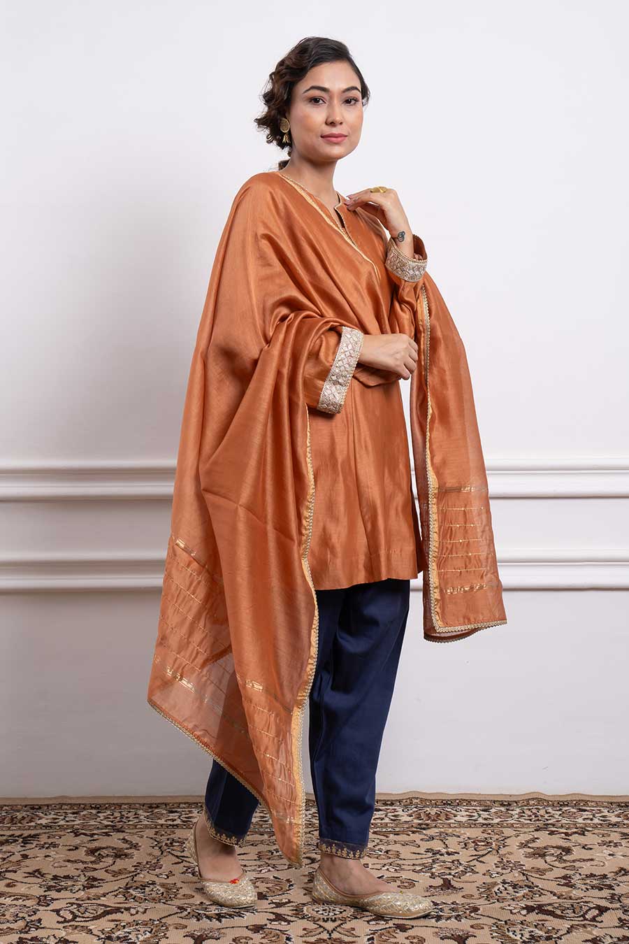 Saffron Brown Kurta With Blue Salwar & Dupatta Set (Set Of 3)
