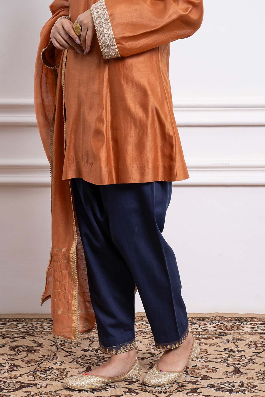 Saffron Brown Kurta With Blue Salwar & Dupatta Set (Set Of 3)