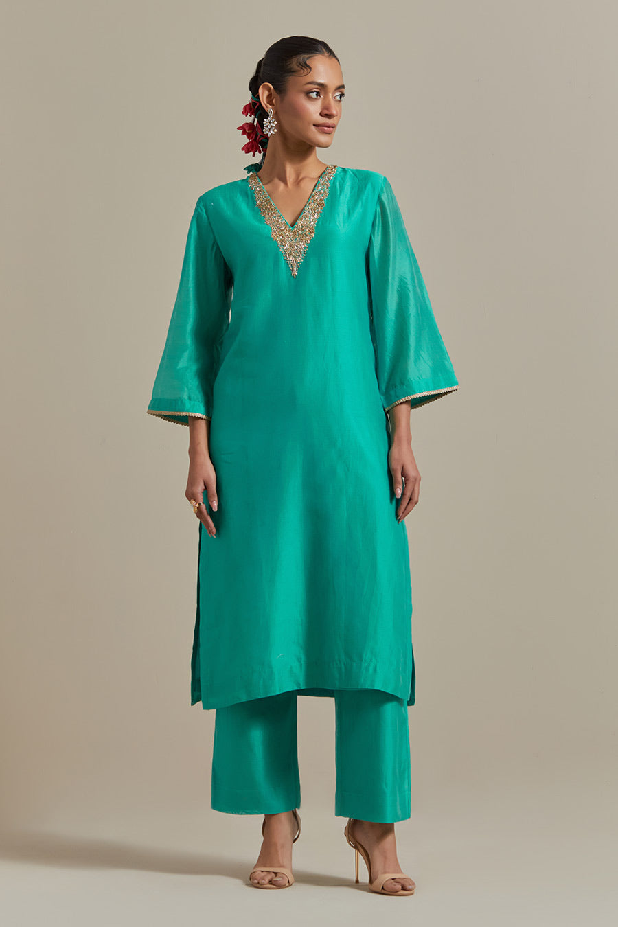 Aqua Green Embroidered Straight Kurta Set (Set Of 3)