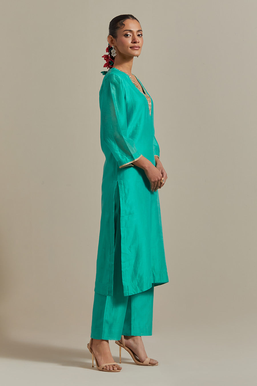 Aqua Green Embroidered Straight Kurta Set (Set Of 3)