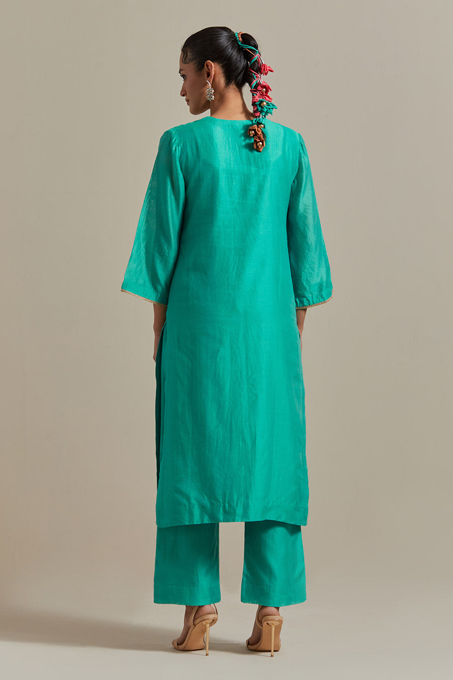 Aqua Green Embroidered Straight Kurta Set (Set Of 3)