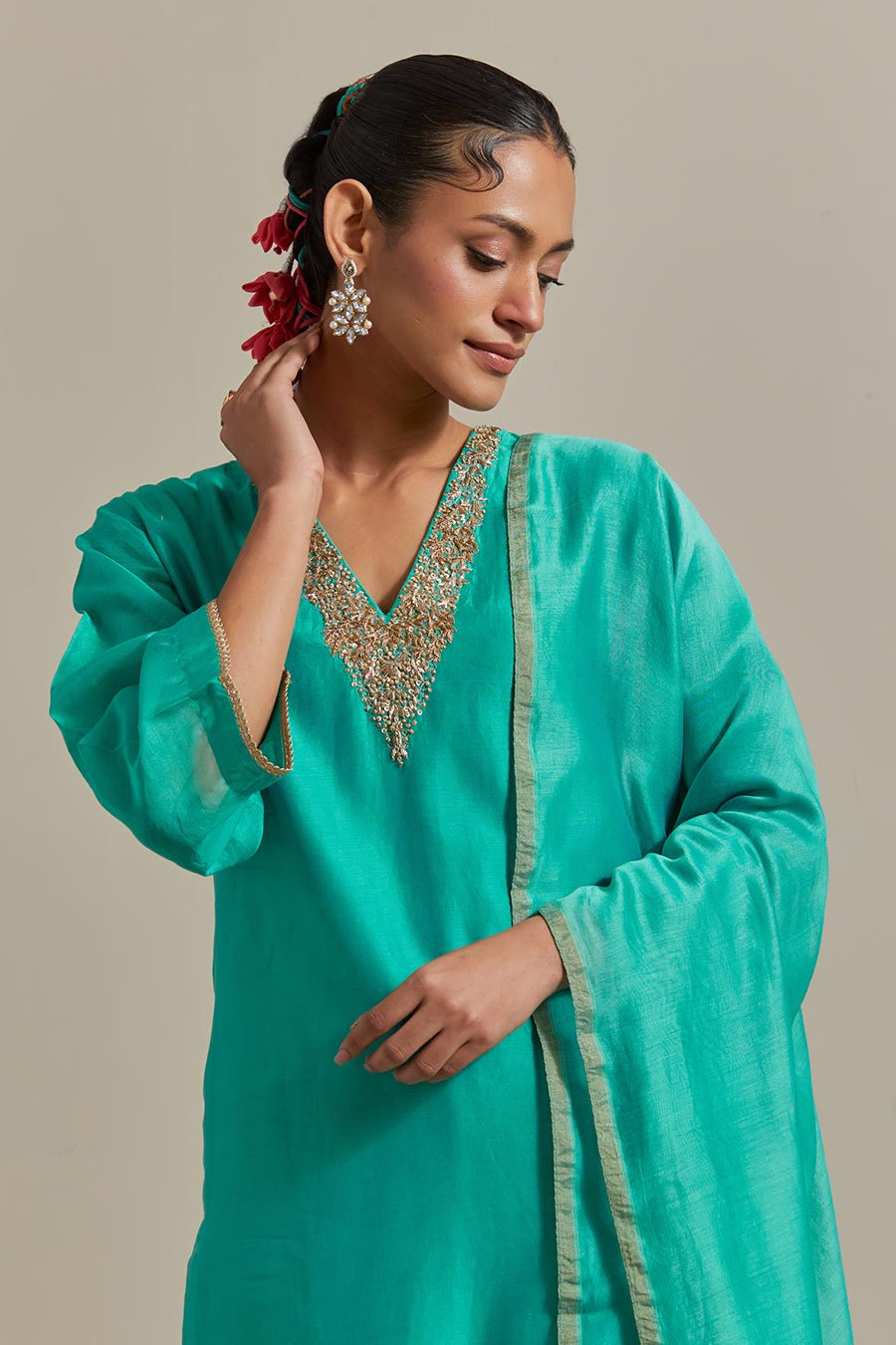 Aqua Green Embroidered Straight Kurta Set (Set Of 3)