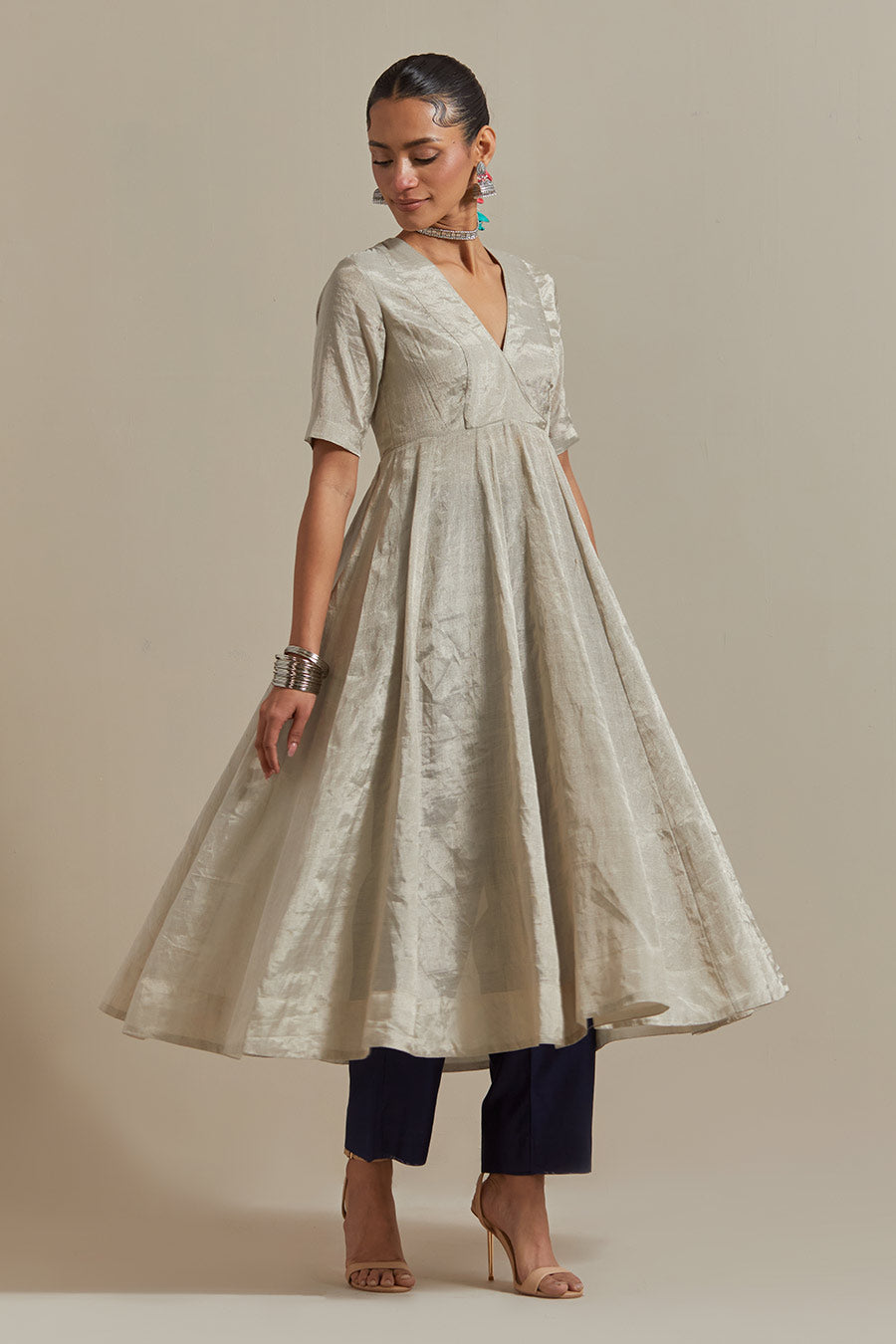 Silver Zari Anarkali Kurta & Blue Chanderi Pant (Set Of 2)