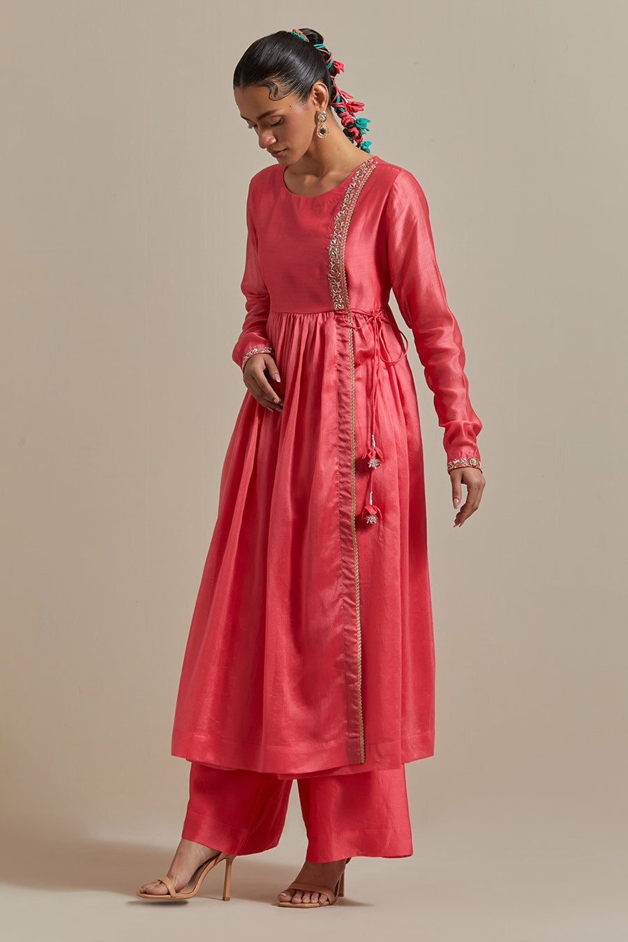 Pink Embroidered Anarkali & Pants Set (Set Of 2)