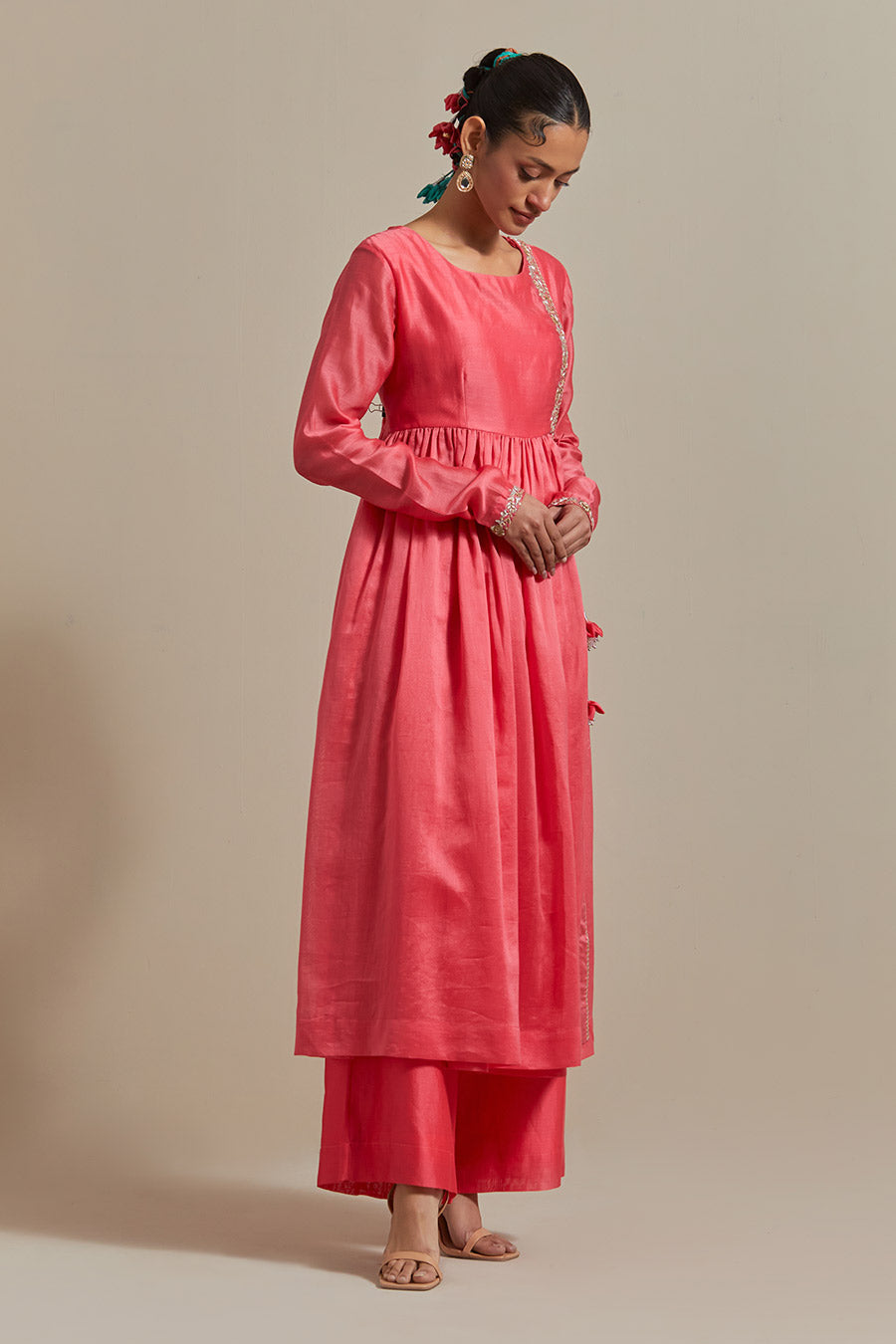 Pink Embroidered Anarkali & Pants Set (Set Of 2)