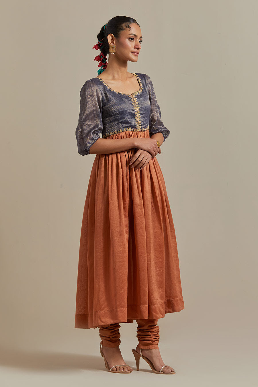 Saffron Brown & Blue Embroidered Anarkali Set (Set Of 3)