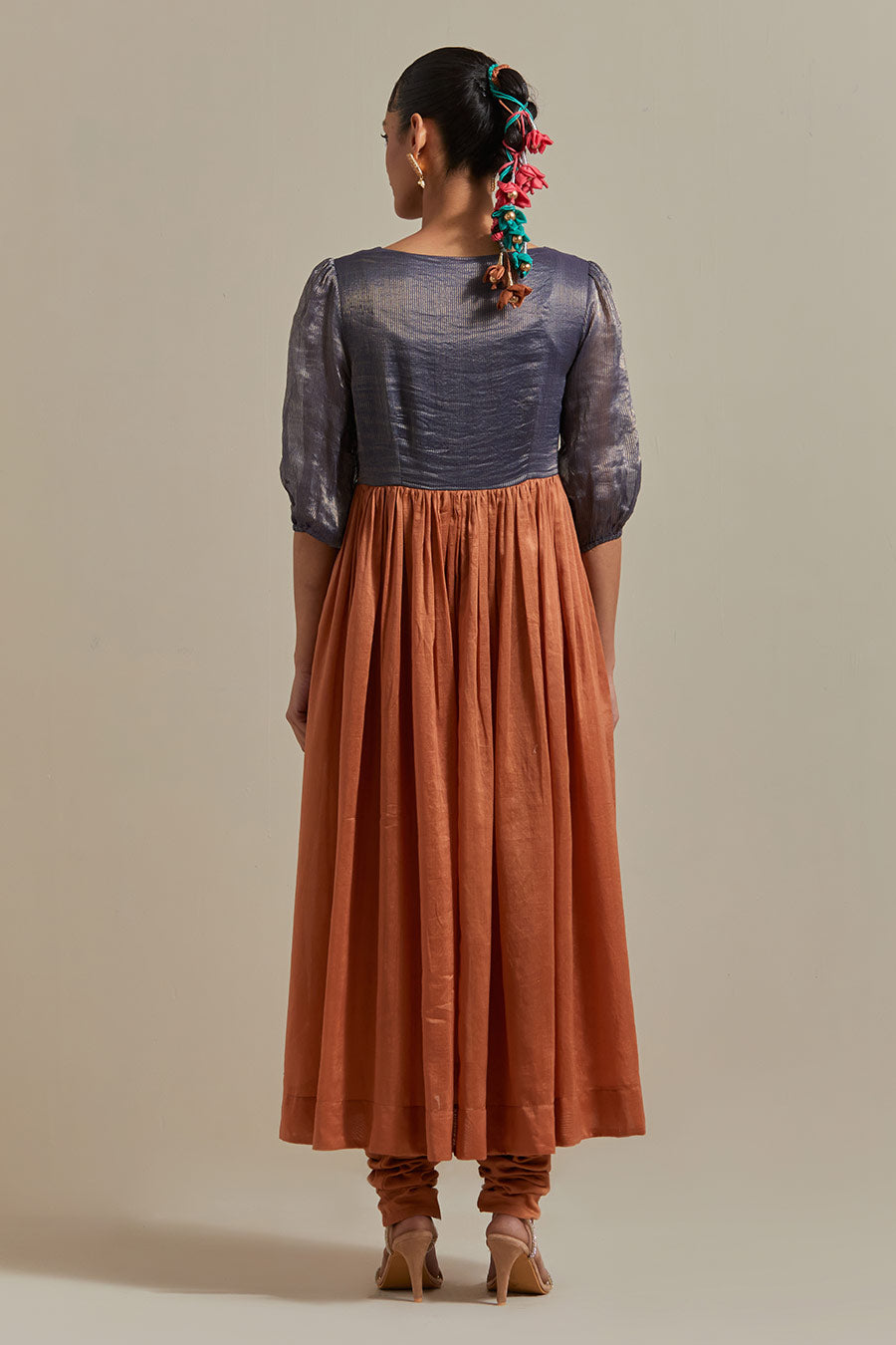 Saffron Brown & Blue Embroidered Anarkali Set (Set Of 3)