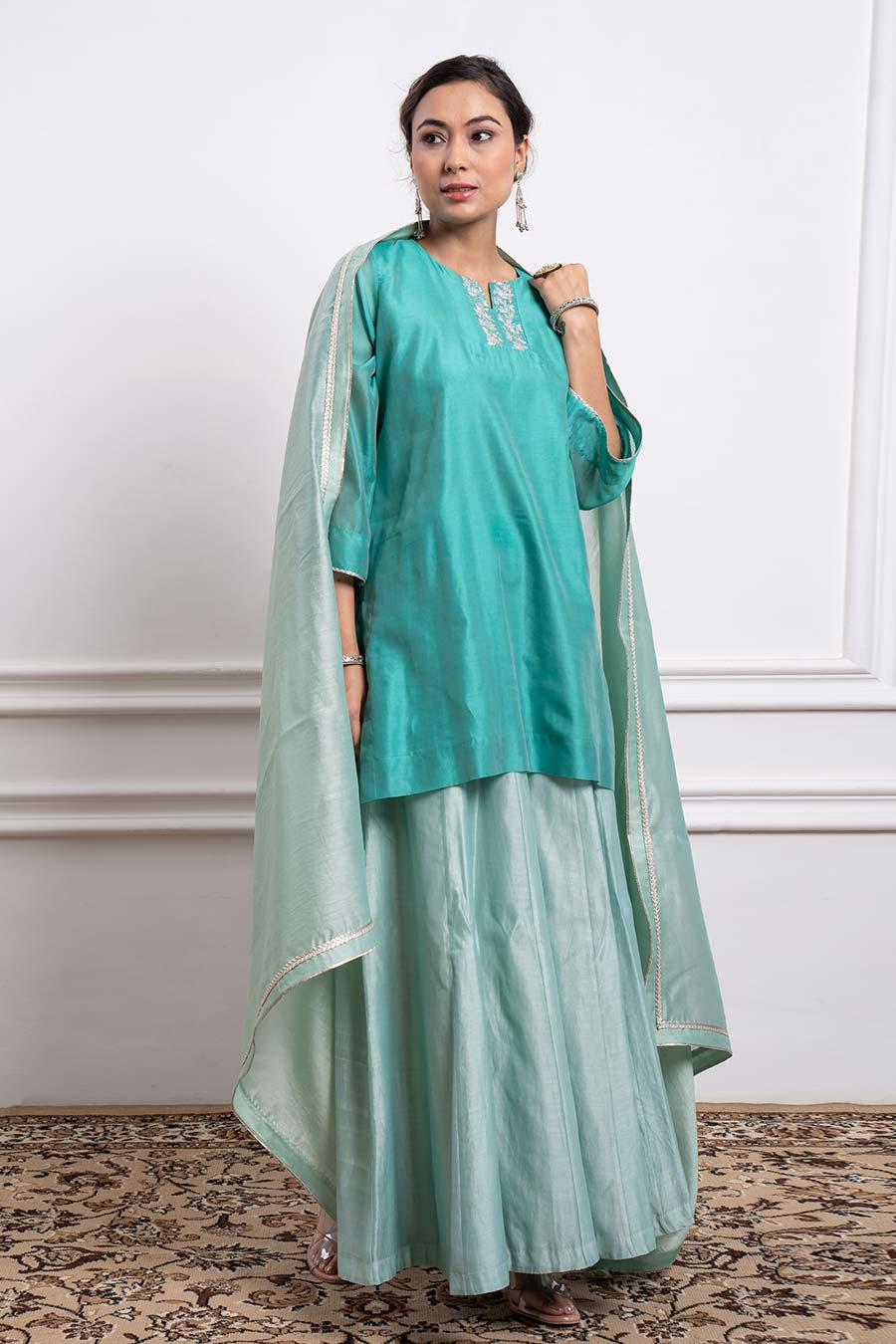Aqua Green Short Kurta & Palazzo Set With Dupatta (Set Of 3)