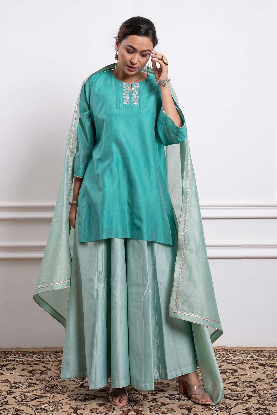 Aqua Green Short Kurta & Palazzo Set With Dupatta (Set Of 3)