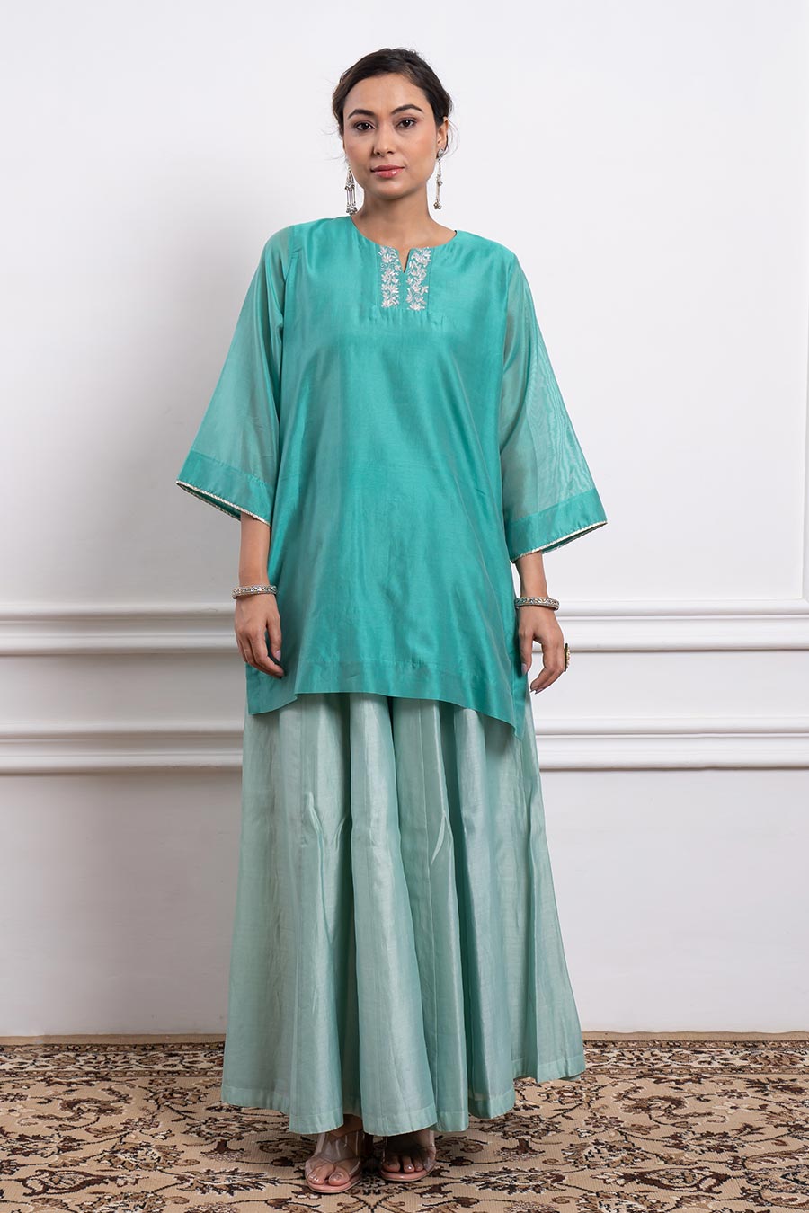 Aqua Green Short Kurta & Palazzo Set With Dupatta (Set Of 3)