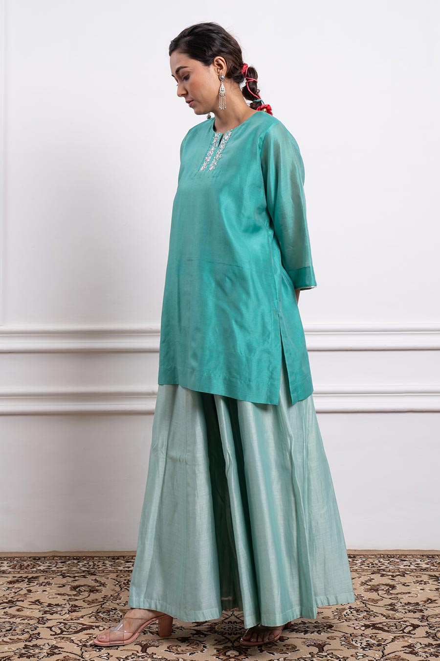 Aqua Green Short Kurta & Palazzo Set With Dupatta (Set Of 3)