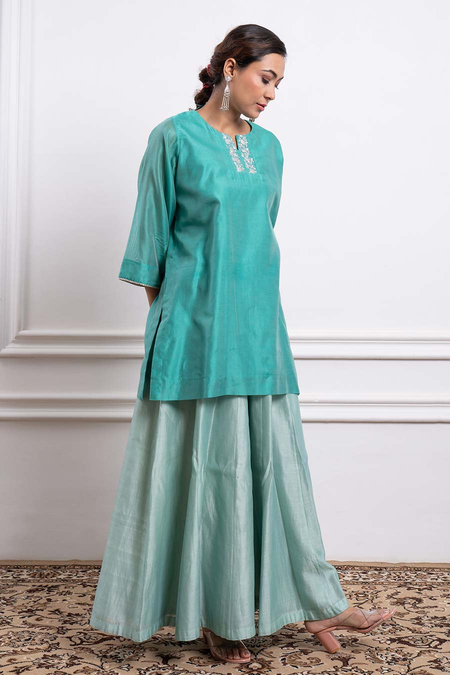 Aqua Green Short Kurta & Palazzo Set With Dupatta (Set Of 3)