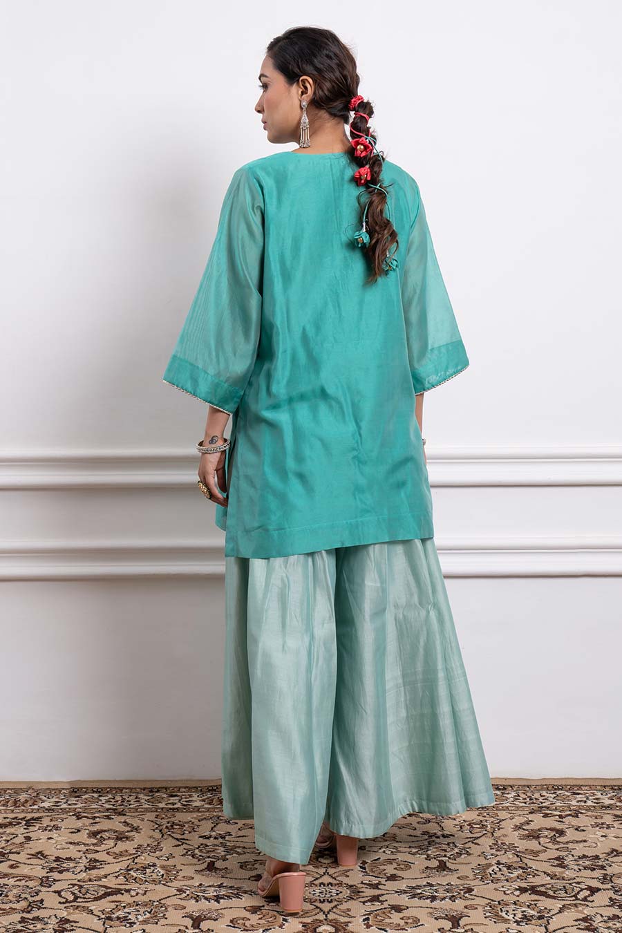 Aqua Green Short Kurta & Palazzo Set With Dupatta (Set Of 3)