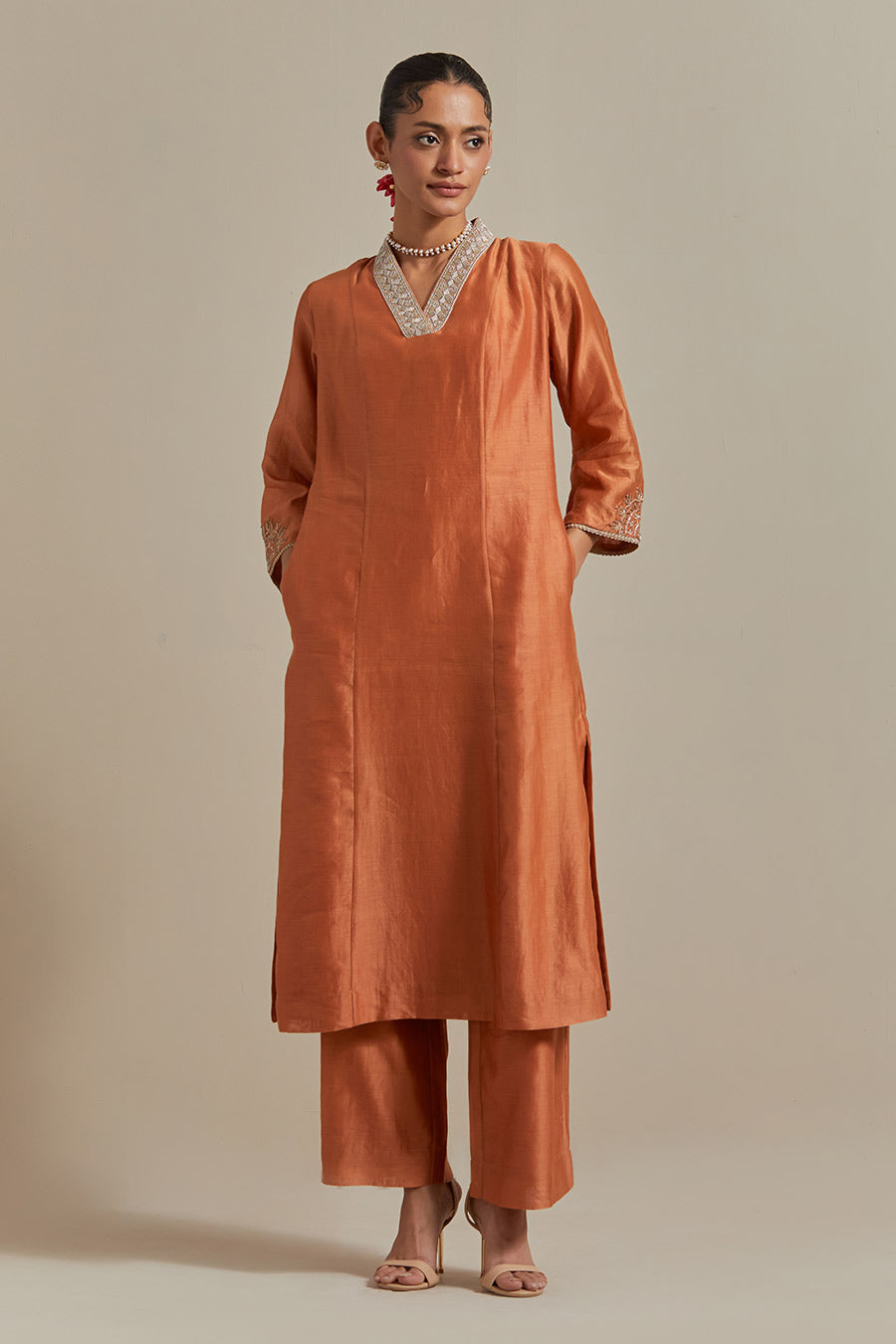 Saffron Brown Chanderi Kurta Set (Set Of 3)
