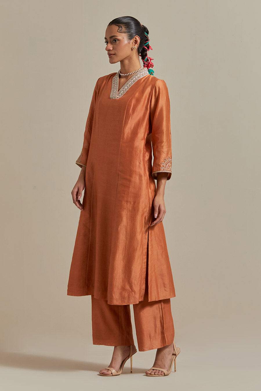 Saffron Brown Chanderi Kurta Set (Set Of 3)