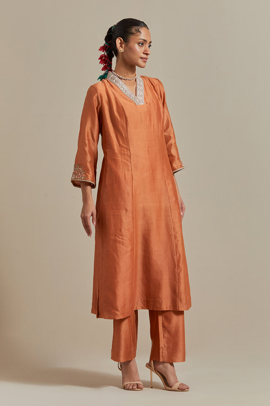 Saffron Brown Chanderi Kurta Set (Set Of 3)