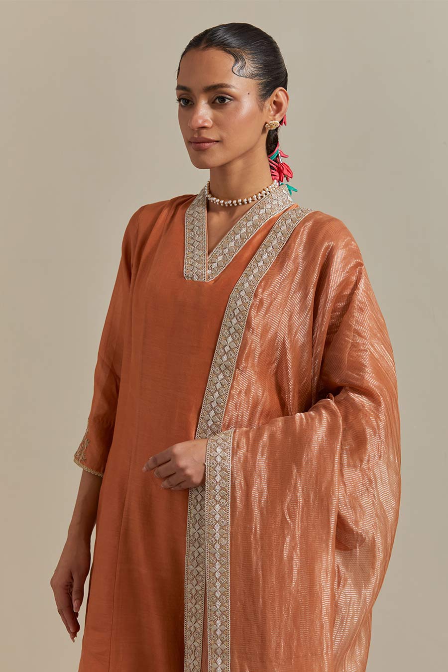 Saffron Brown Chanderi Kurta Set (Set Of 3)