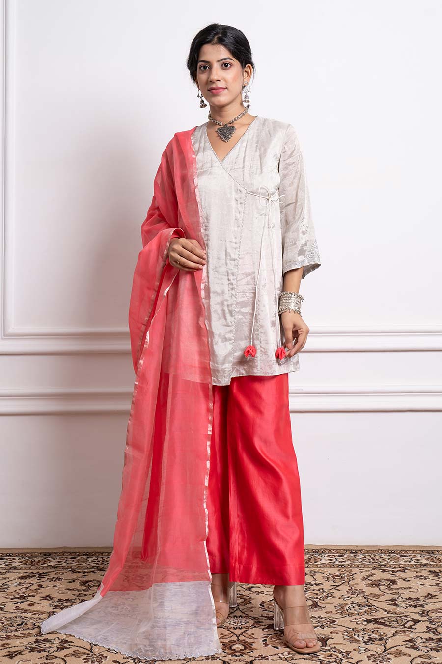 Silver & Pink Embroidered Zari Wrap Kurta Set (Set Of 3)