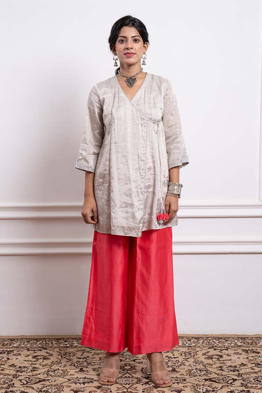 Silver & Pink Embroidered Zari Wrap Kurta Set (Set Of 3)