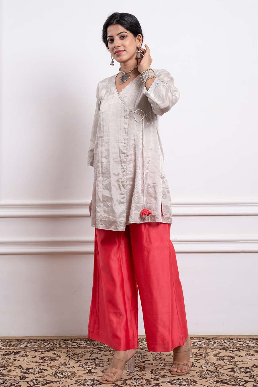 Silver & Pink Embroidered Zari Wrap Kurta Set (Set Of 3)
