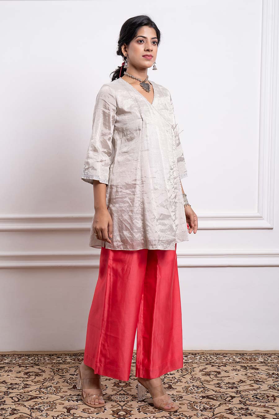 Silver & Pink Embroidered Zari Wrap Kurta Set (Set Of 3)