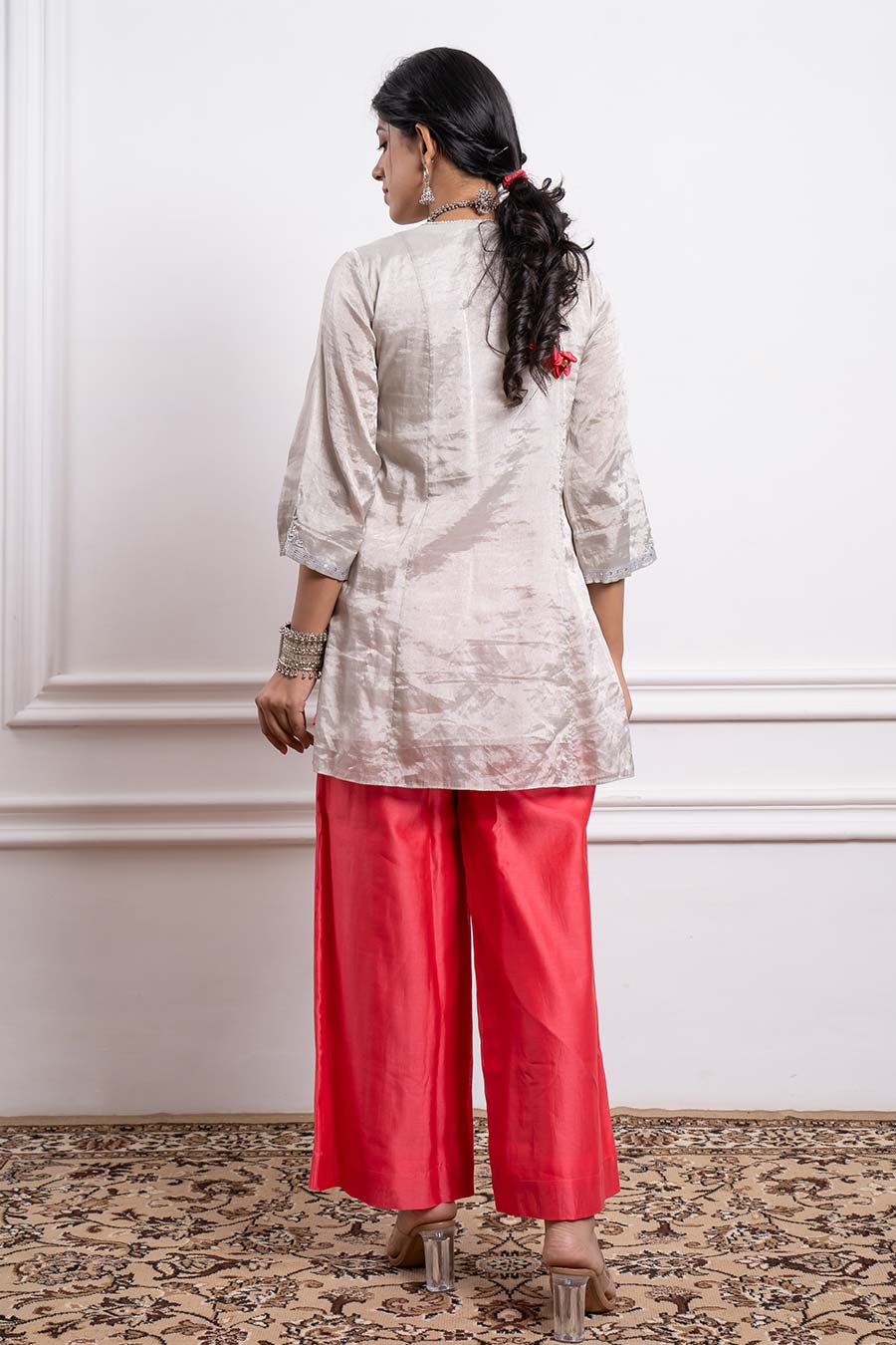 Silver & Pink Embroidered Zari Wrap Kurta Set (Set Of 3)