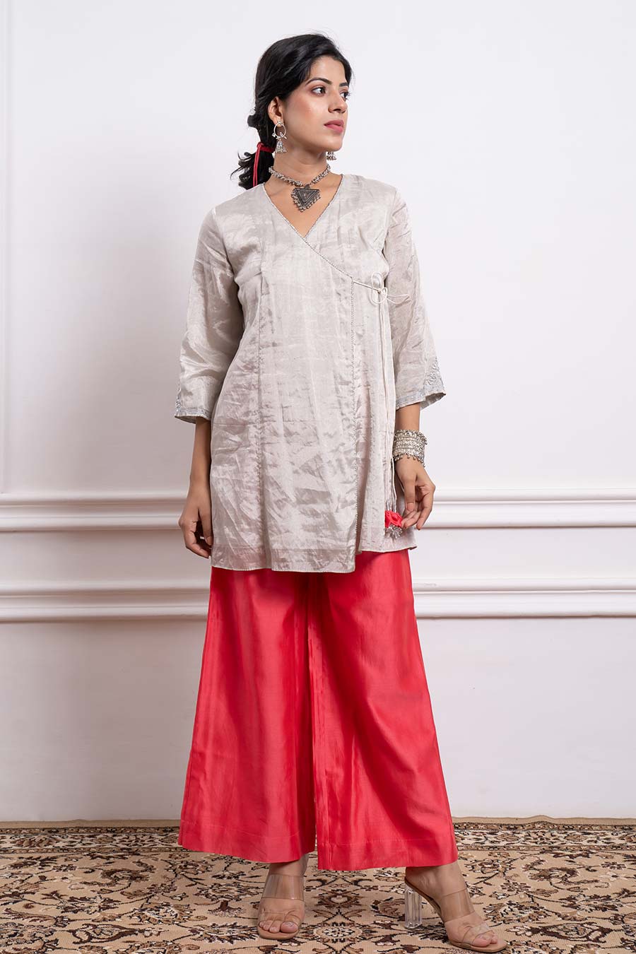 Silver & Pink Embroidered Zari Wrap Kurta Set (Set Of 3)