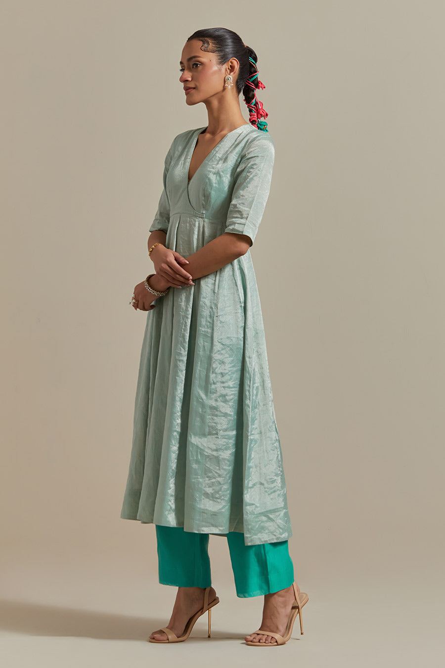 Mint Green Zari Silk Anarkali Set (Set Of 3)