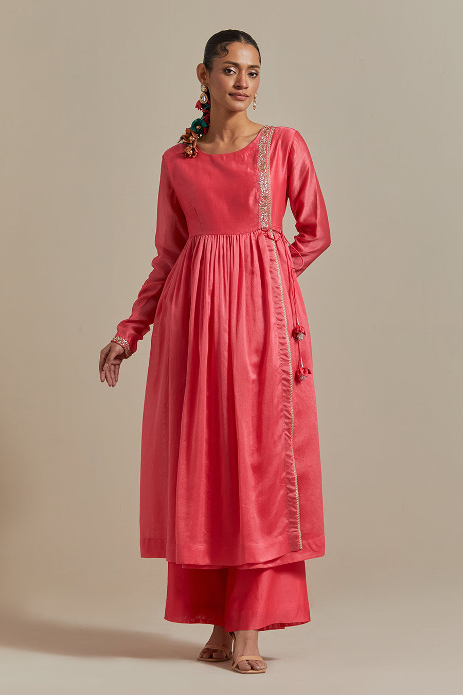 Pink Embroidered Anarkali Set (Set Of 3)