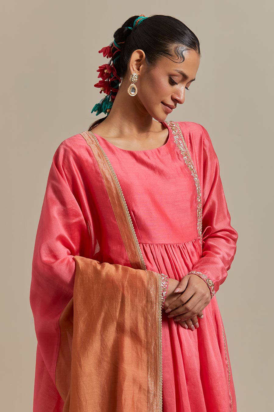 Pink Embroidered Anarkali Set (Set Of 3)