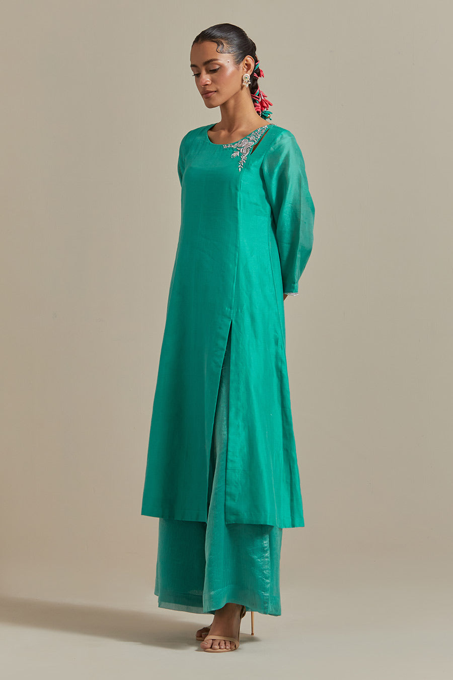 Aqua Green Embroidered Kurta Set (Set Of 3)