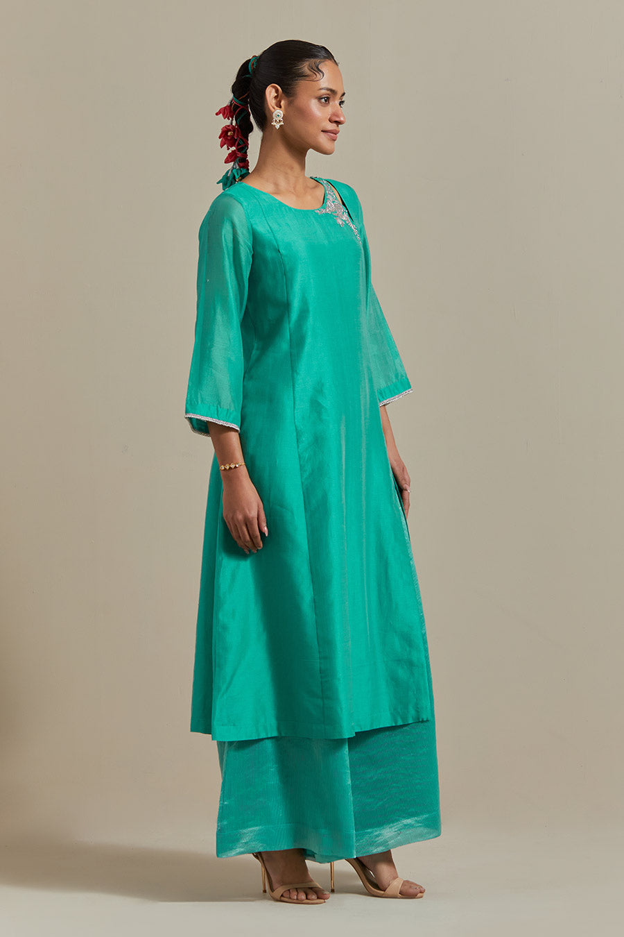 Aqua Green Embroidered Kurta Set (Set Of 3)