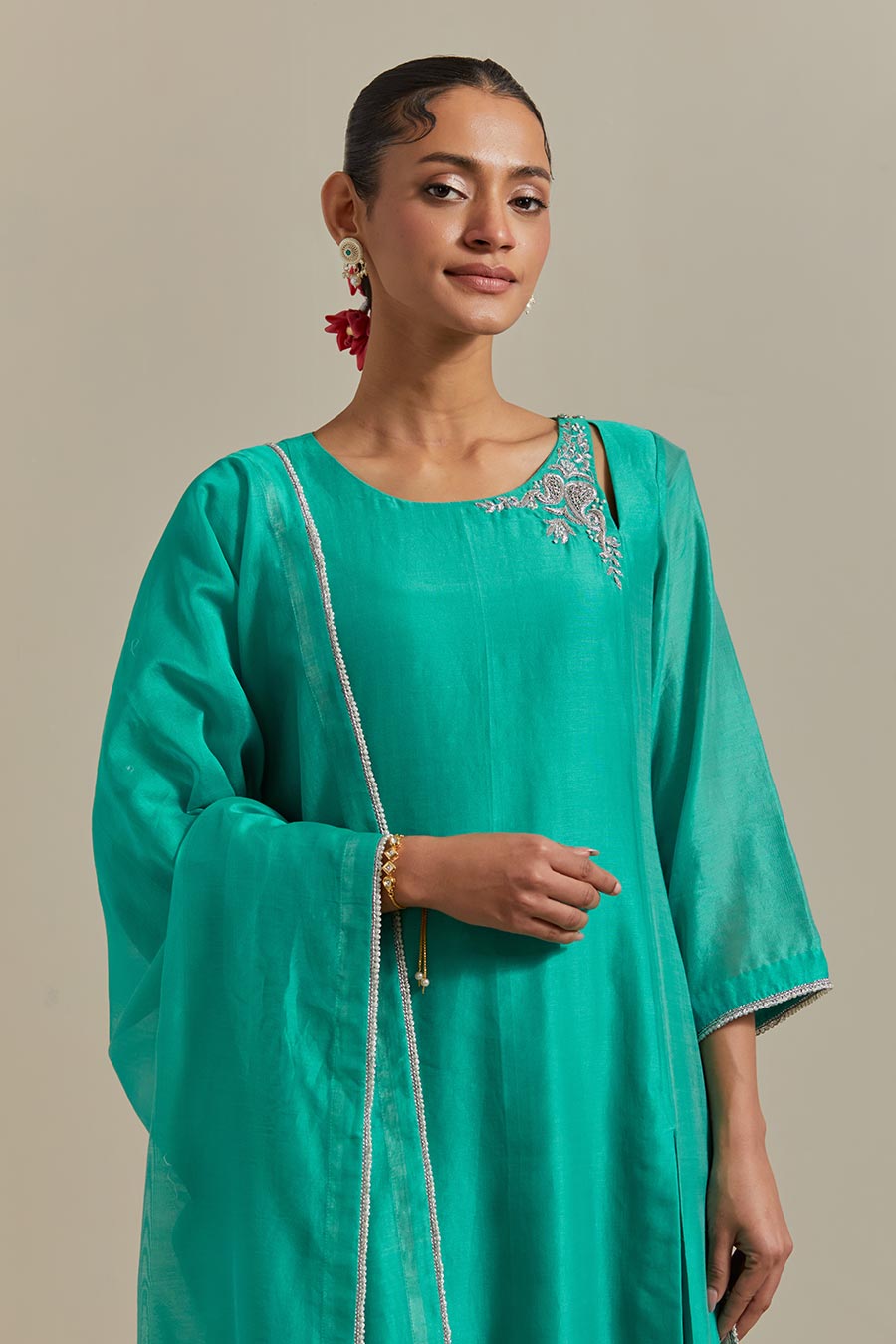 Aqua Green Embroidered Kurta Set (Set Of 3)