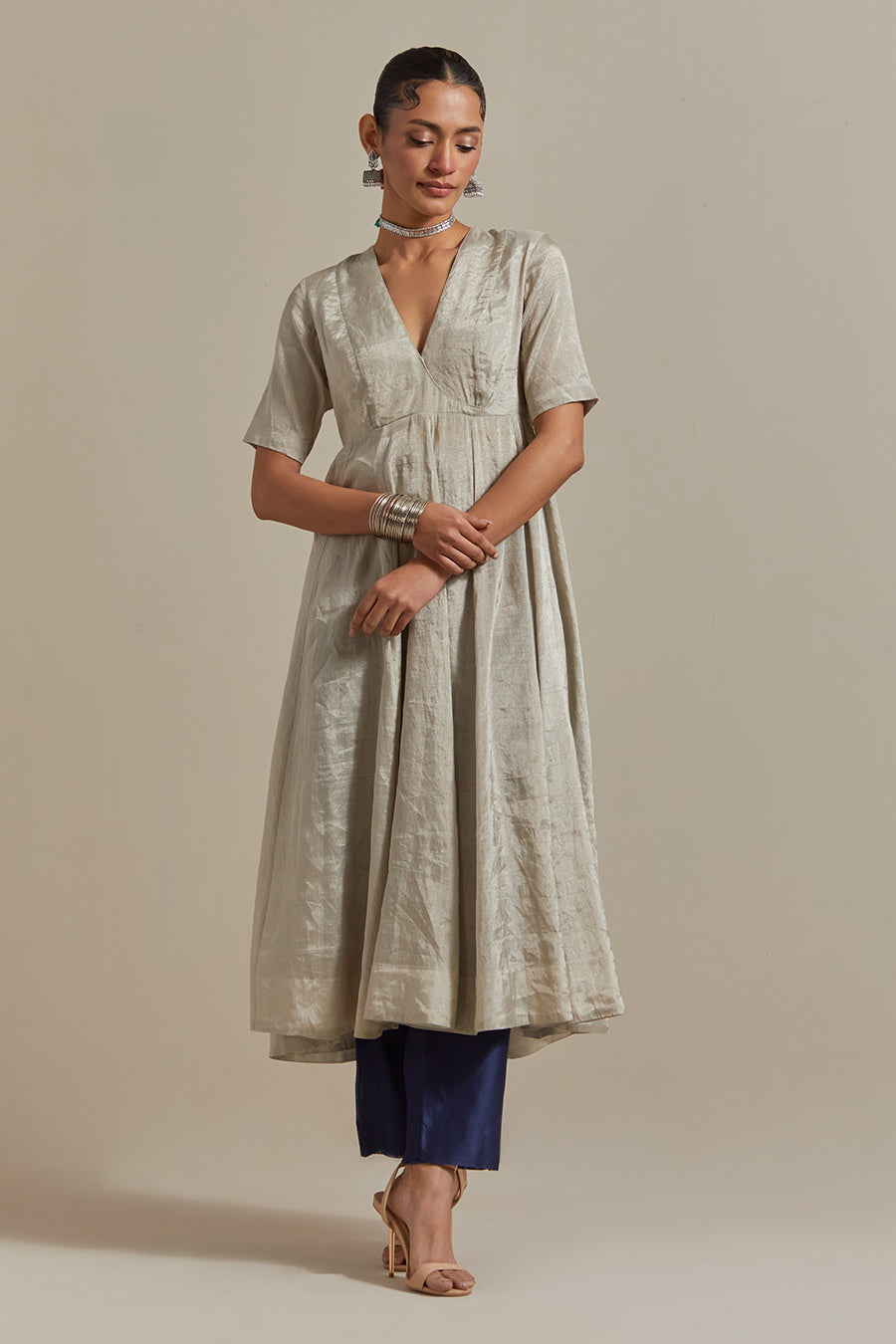 Silver & Blue Chanderi Handloom Anarkali Set (Set Of 3)