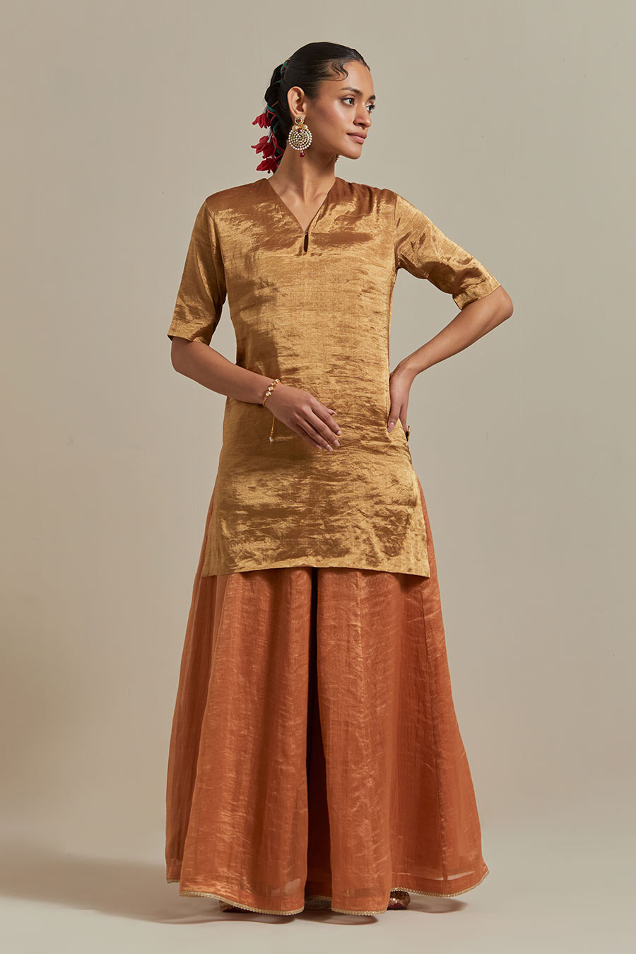 Saffron Brown Gold Zari Silk Sharara Set (Set Of 3)